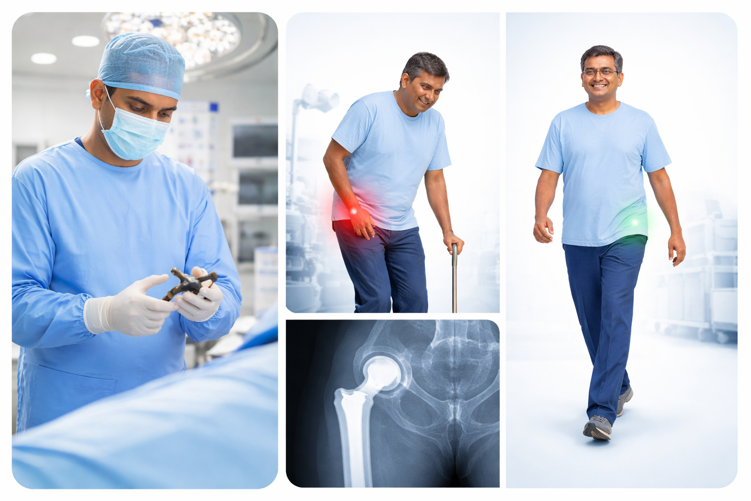 Hip replacement surgery - before and after recovery with X-ray